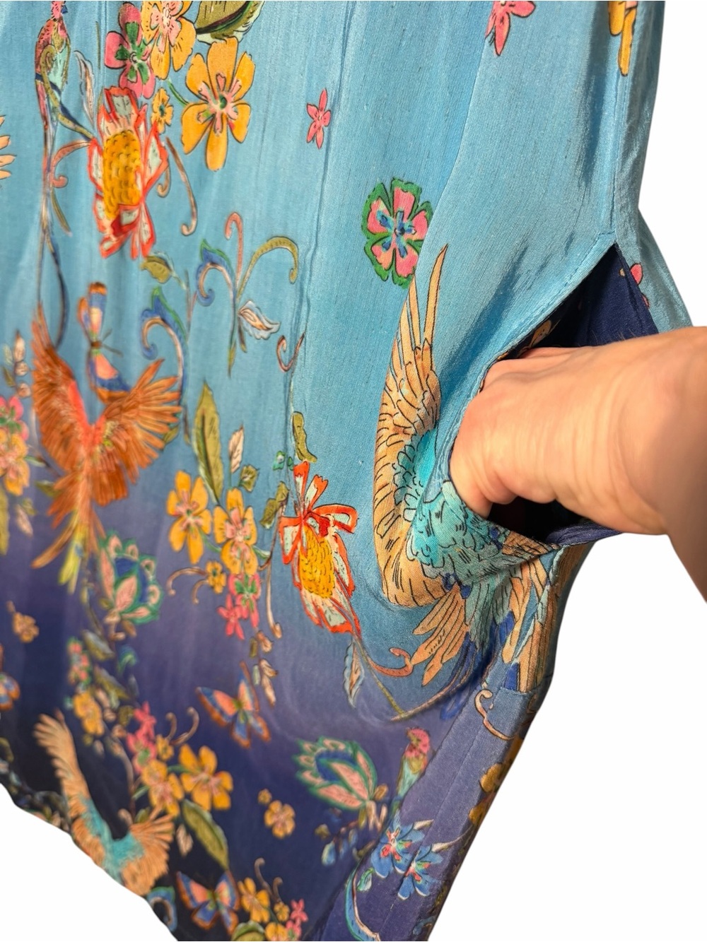 Linen Silk Bird Print Blue Ombre Boho Midi Dress XL - Picture 6 of 11